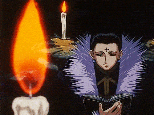 1999 anime chrollo reading a book by the candlelight